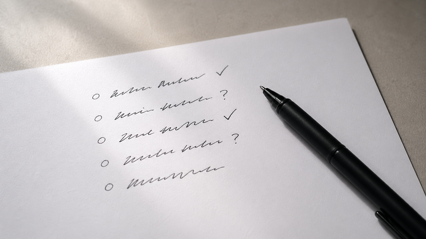 A handwritten 5-question checklist with checkmarks and question marks, representing a subscription audit
