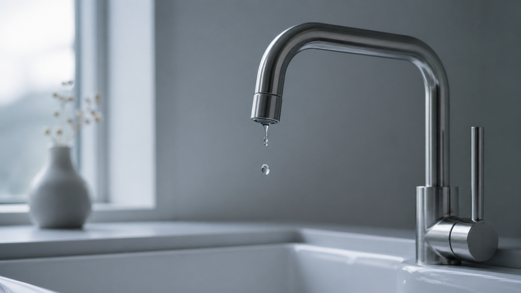 A slow water drip from a kitchen faucet, representing money leaking from unchecked subscriptions