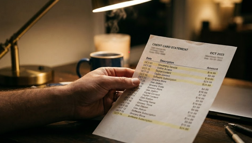 A hand holding a paper credit card statement under warm desk-lamp light. Some items on the statement are highlighted in a soft yellow tint, with an out-of-focus coffee mug and laptop in the background.