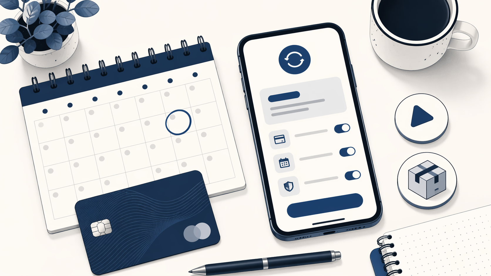Editorial illustration of a subscription renewal reminder with a card, calendar, smartphone, package icon, and streaming play button.