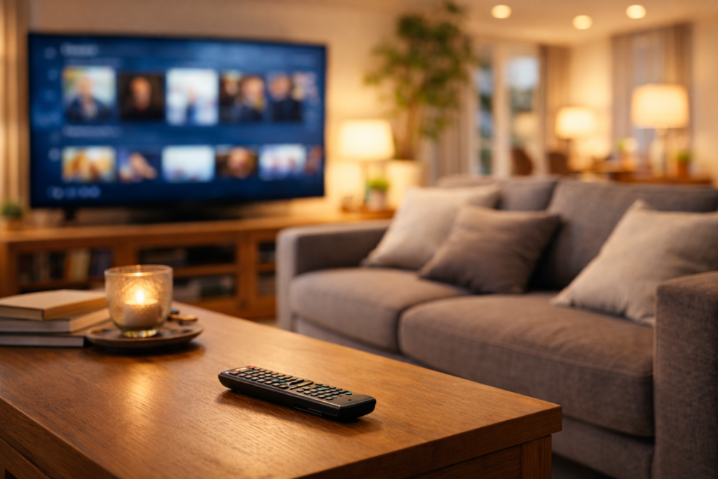 A cozy living room with a TV remote on a coffee table, representing two streaming subscriptions that quietly became a default.