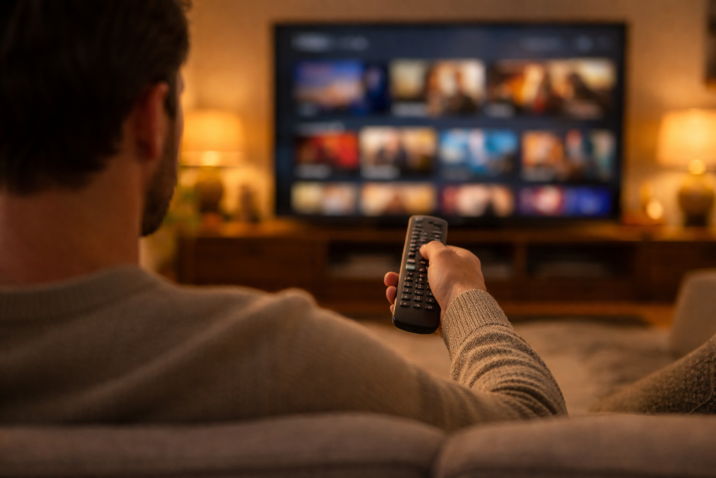 Person sitting on a couch in a warmly lit modern living room, holding a TV remote and facing a large television with a blurred streaming interface in the background.