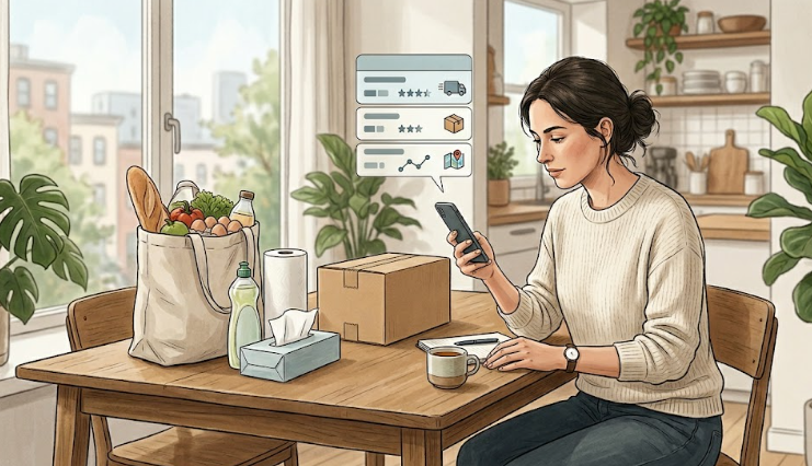 Person comparing shipping options on a smartphone with groceries and a delivery package on the table