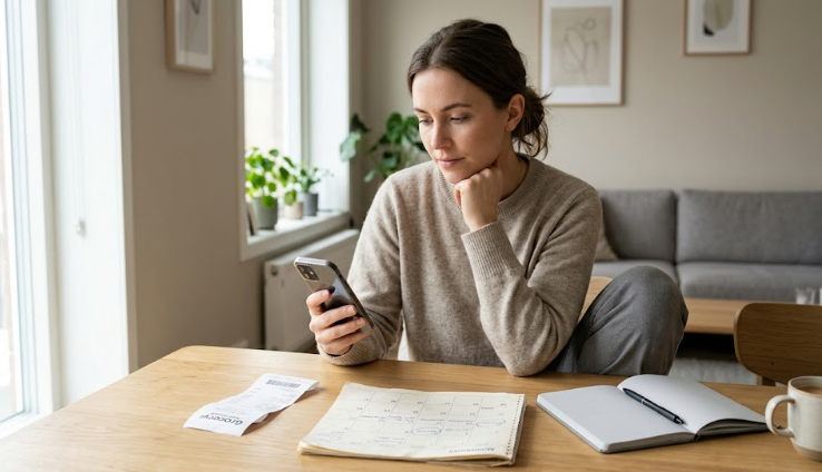 Person reviewing subscription usage and billing on a smartphone with a calendar and receipt on a desk