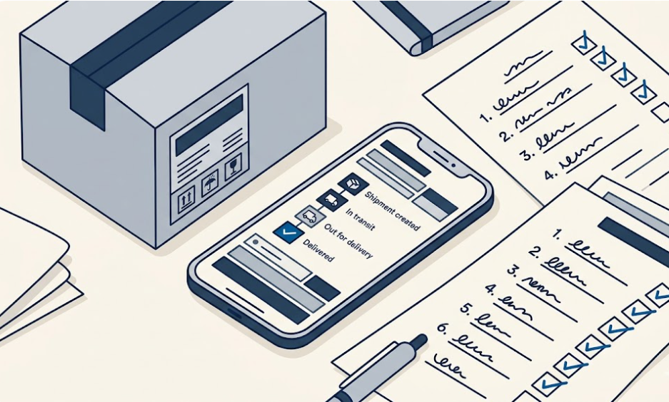 Editorial illustration of a delivery tracking screen on a smartphone beside a package and checklist on a clean desk.