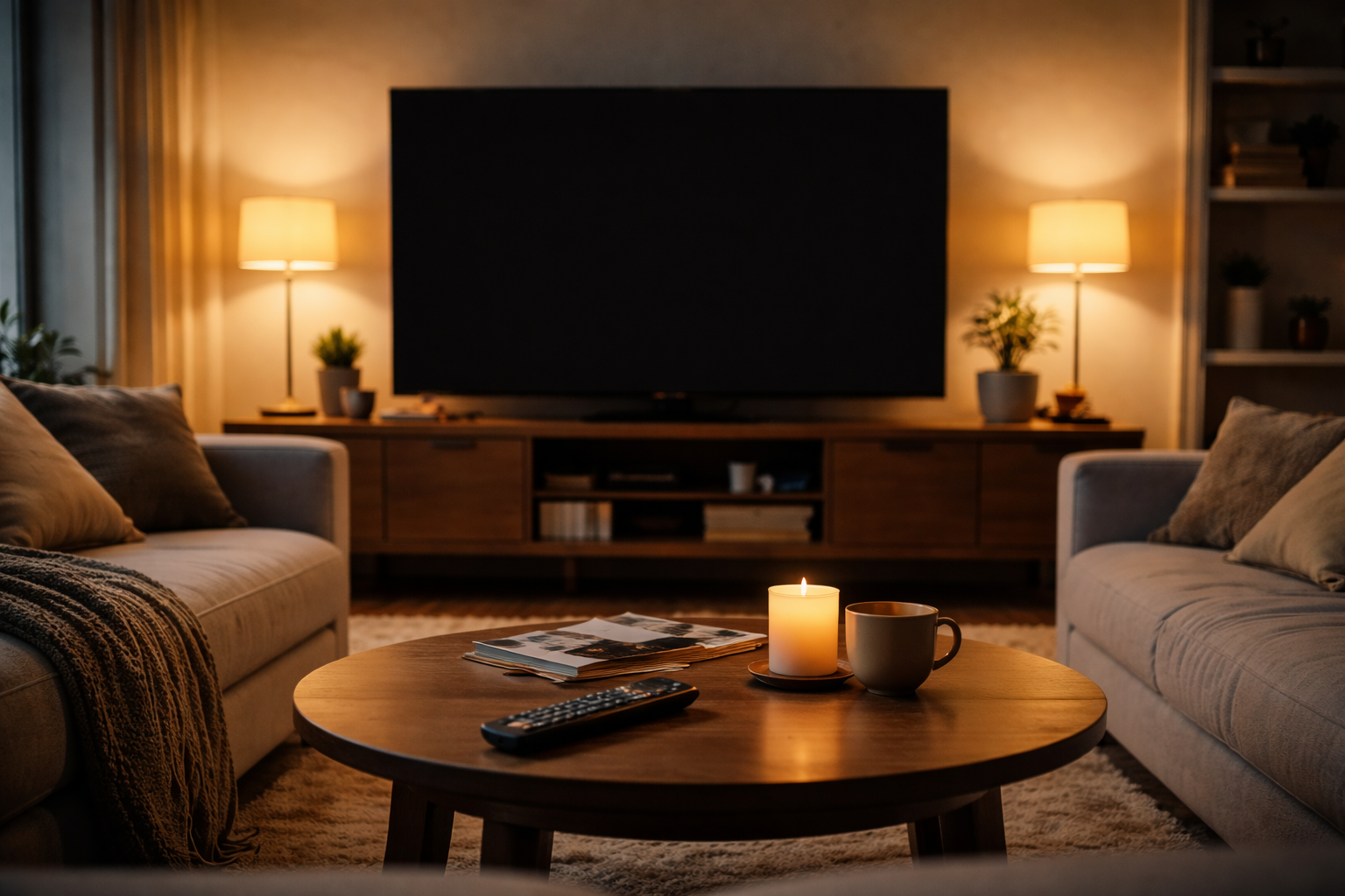 Cozy living room with a TV, remote, and coffee table representing deciding whether to keep a streaming subscription