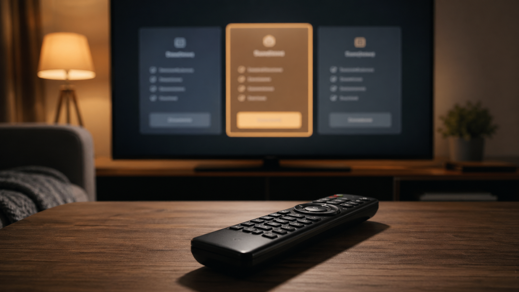 A TV remote on a coffee table with a streaming plan selection screen in the background, representing a Netflix plan check