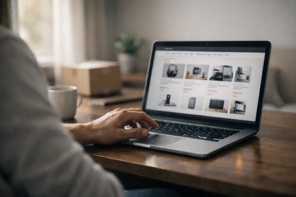A person hesitating before making an online purchase on a laptop in a quiet home setting