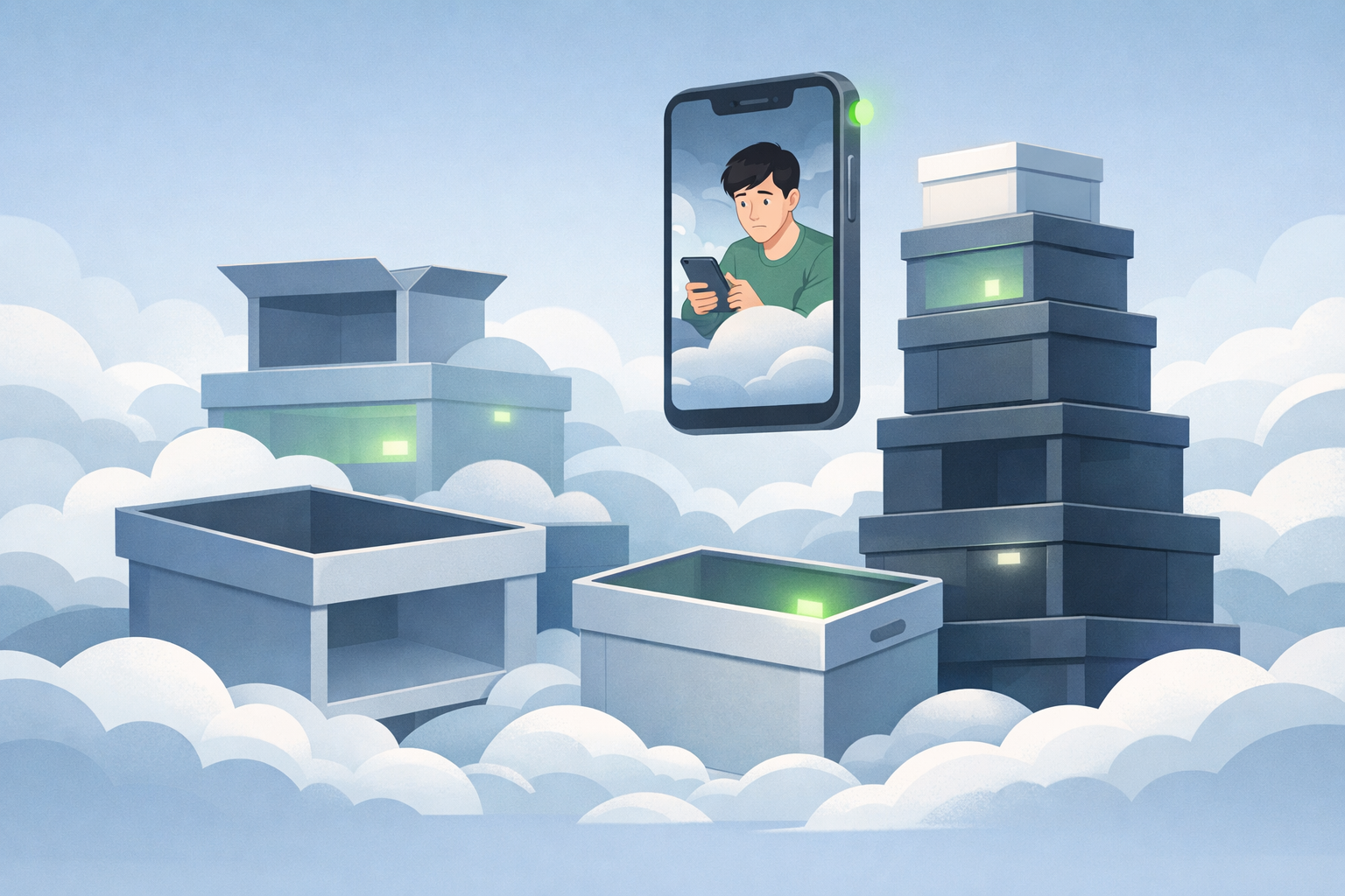 Illustration of cloud storage boxes and a smartphone representing managing and organizing digital storage