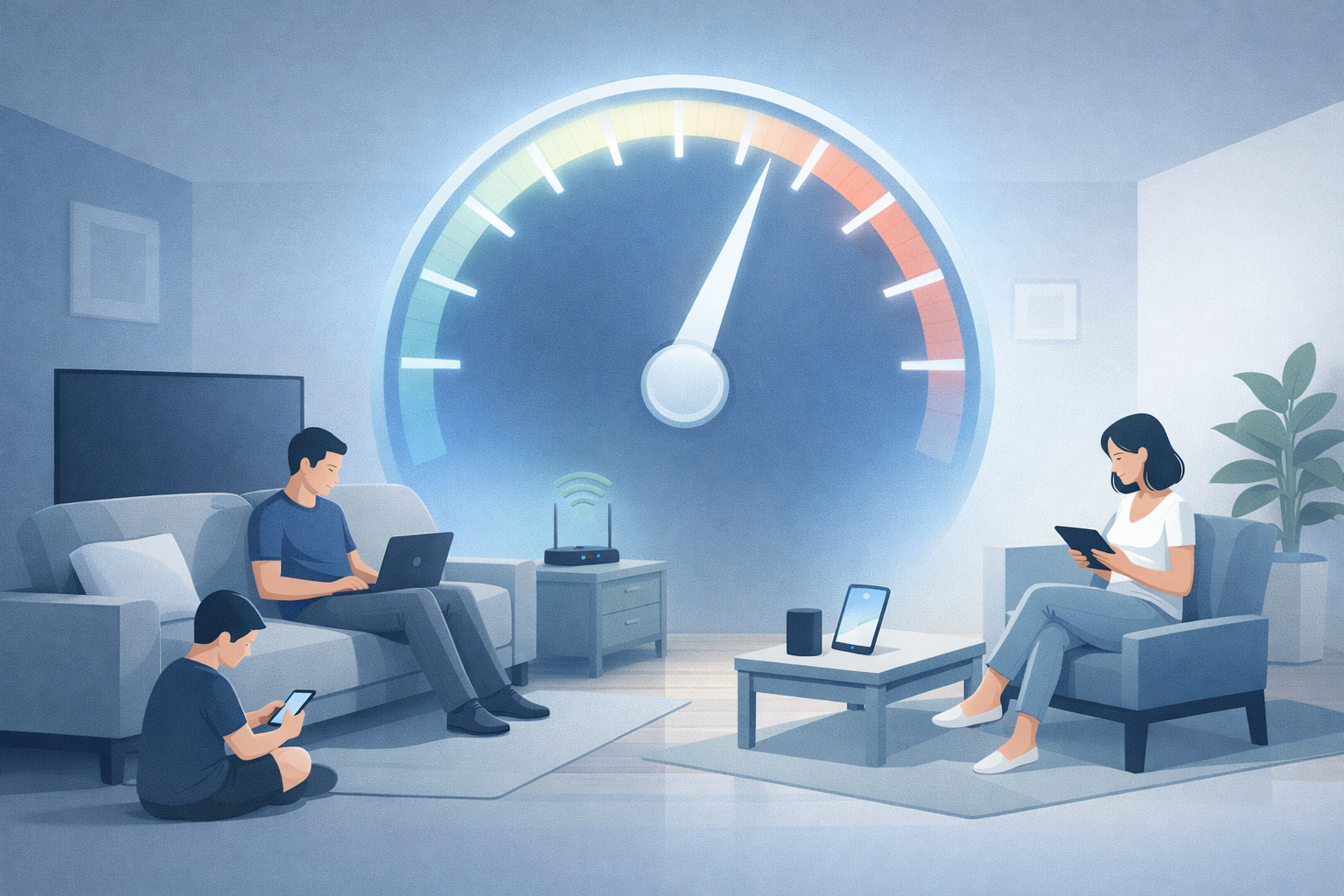 Illustration of home internet speed comparison with a router, devices, and a performance gauge in a living room