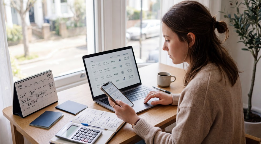 Traveler comparing flight options and travel costs on a laptop and smartphone