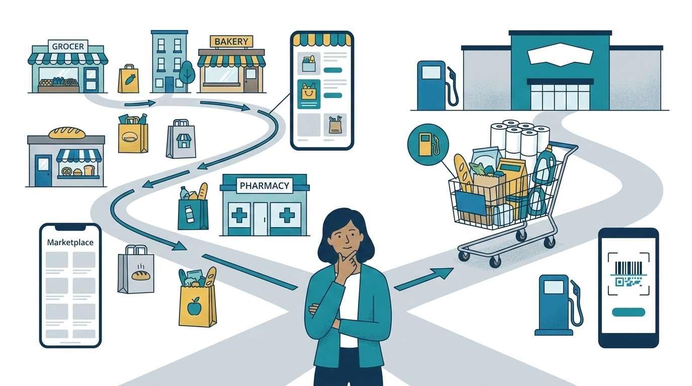 Comparing grocery delivery options with stores, online shopping, and a cart representing delivery fee savings