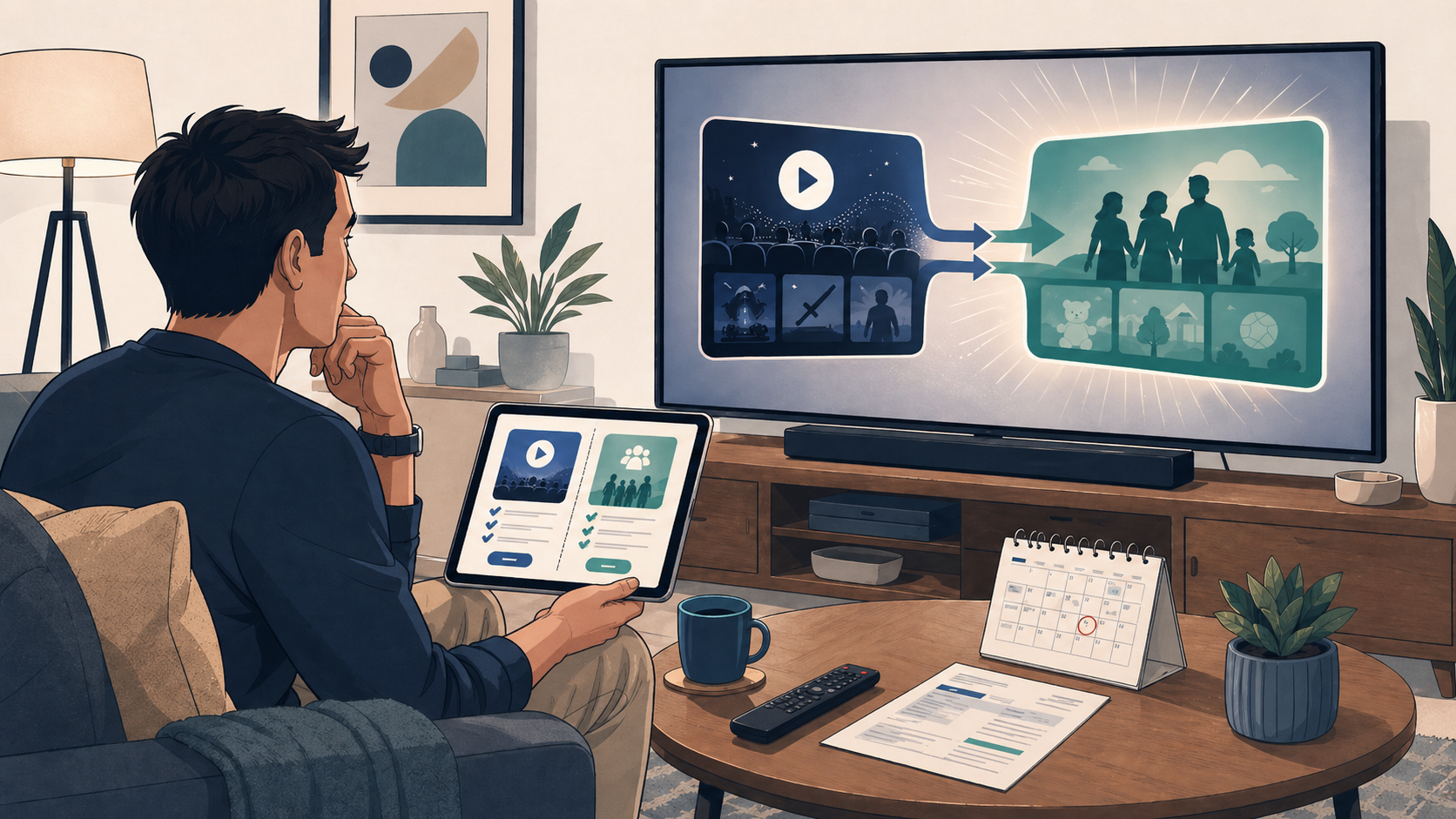 Person sitting in a modern living room comparing standalone and bundled streaming subscription options on a TV and tablet, with a calendar, bill, and remote nearby.