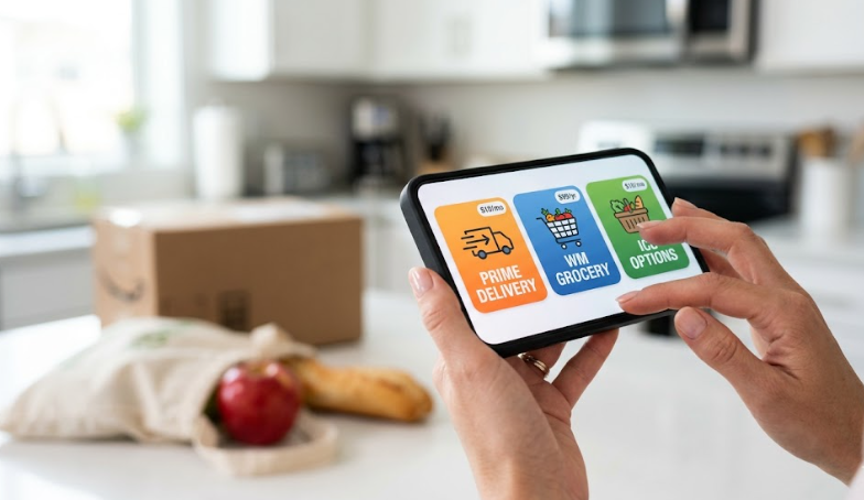 Person comparing multiple delivery and grocery membership options on a smartphone with packages and groceries in the background