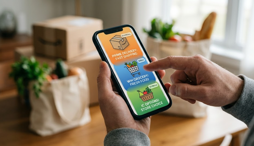 Person comparing delivery and grocery service options on a smartphone with packages and groceries in the background
