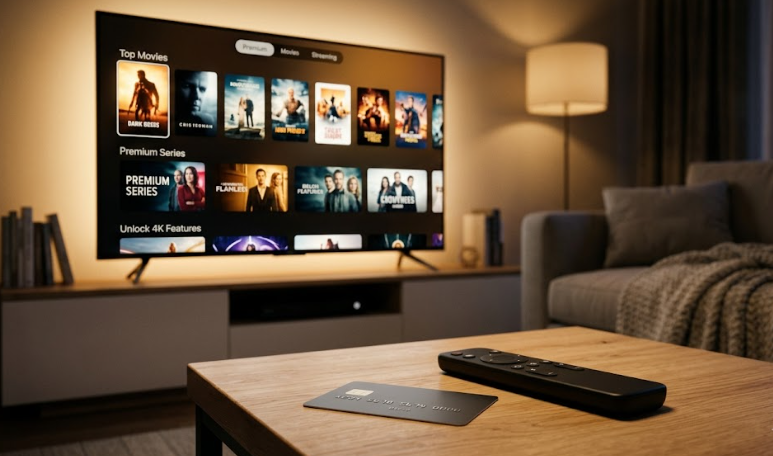 Living room TV showing a streaming home screen with a remote and payment card on the table