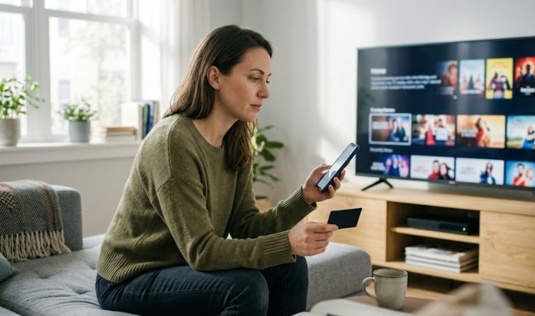 Woman using phone and credit card