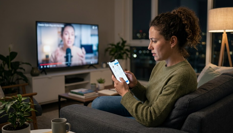 Woman using phone while watching TV