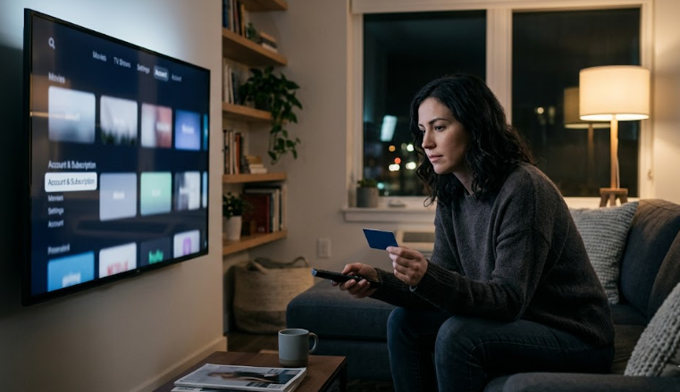 Woman watching TV, holding credit card