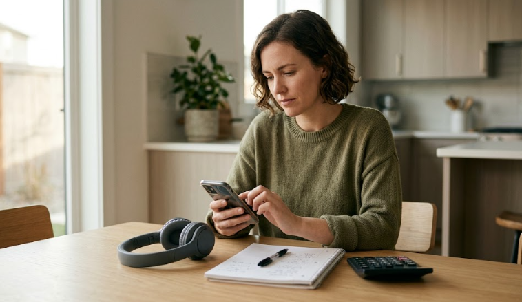 Woman using phone at table