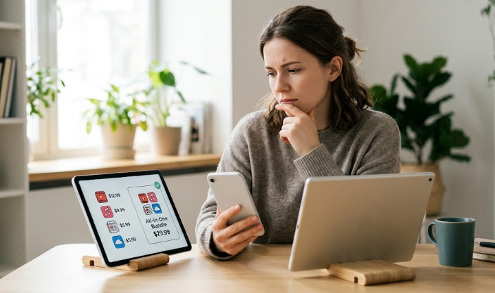 Woman comparing prices on devices