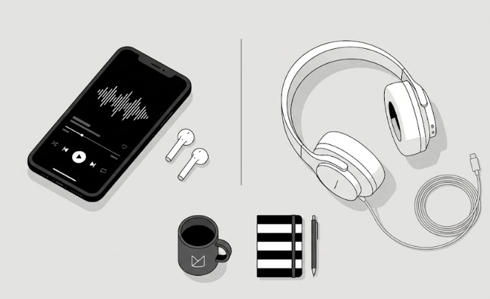 Phone, headphones, coffee, notebook, pen