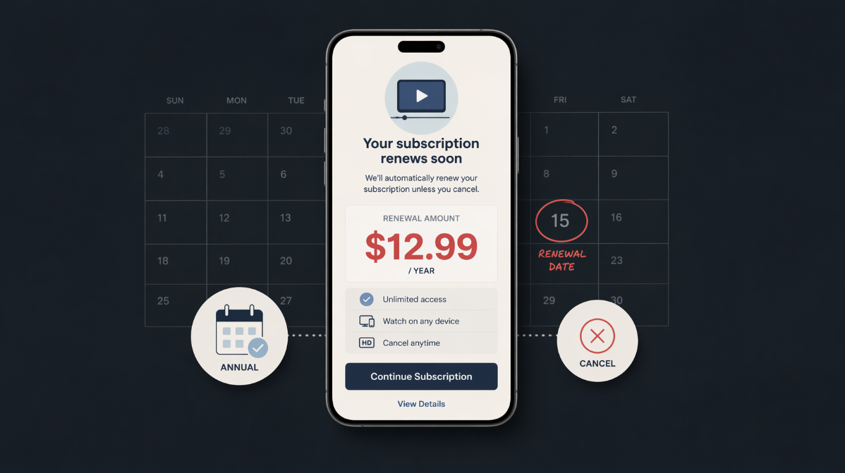Smartphone screen showing a streaming subscription renewal notice with a $12.99 price tag after the Apple TV price increase