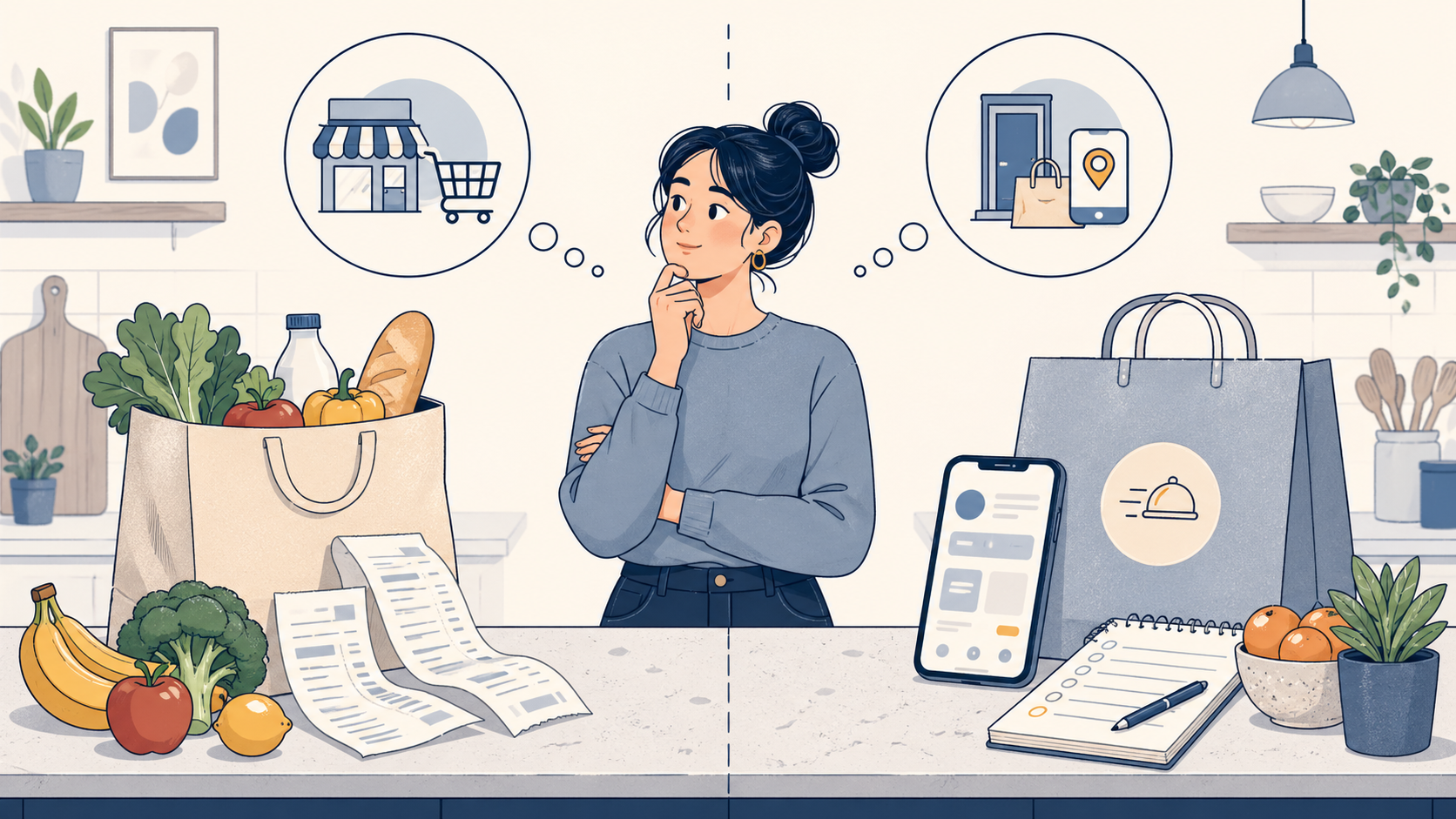 A person comparing grocery and restaurant delivery membership options at a kitchen counter