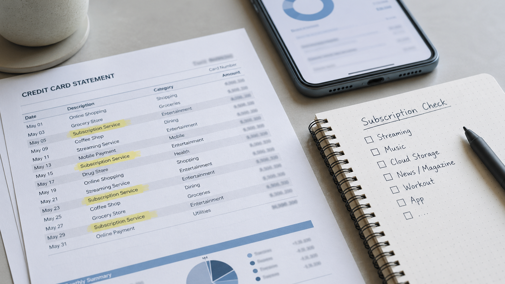 A credit card statement and subscription checklist used to find forgotten recurring charges