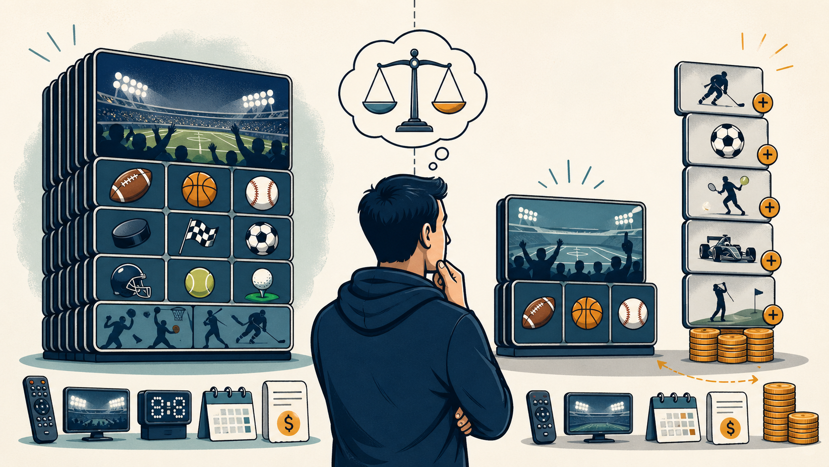 Sports fan comparing a full live TV bundle with a cheaper sports-only streaming plan as add-on sports packages stack up, suggesting hidden extra costs.