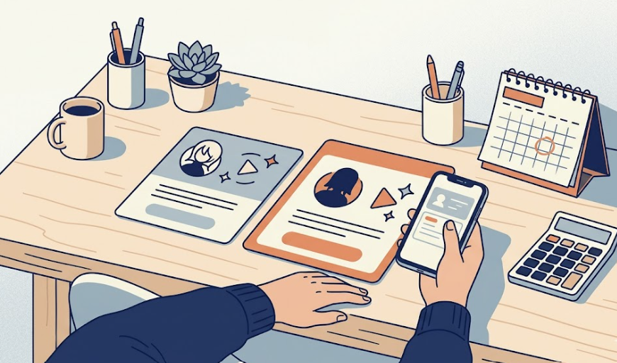 A clean editorial illustration of a person sitting at a modern desk, comparing two subscription service cards. Two cards of different sizes with abstract streaming icons lie side by side, accompanied by a small desktop calendar and a calculator. The person is holding a smartphone in one hand while looking over the cards. The artwork features a soft off-white background, deep navy linework, and muted orange accents for a sophisticated magazine look, with no readable text or recognizable brand logos.