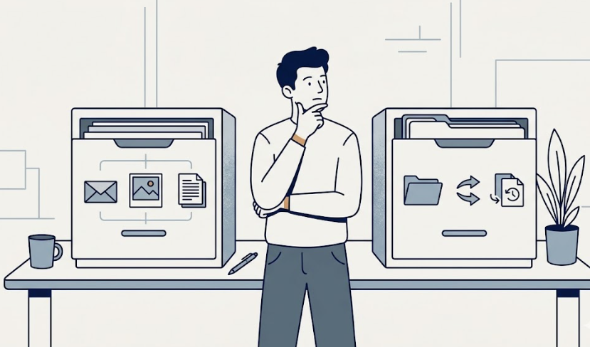 A person choosing between two cloud storage workflows, with one drawer showing integrated file icons and the other showing file sharing and version history symbols