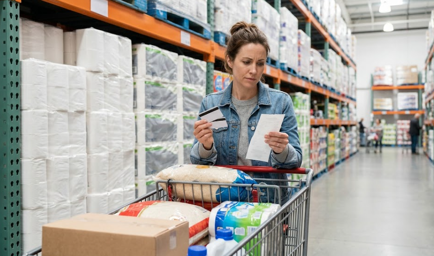 Shopper in a warehouse store reviewing a receipt while holding a card with a cart full of bulk items