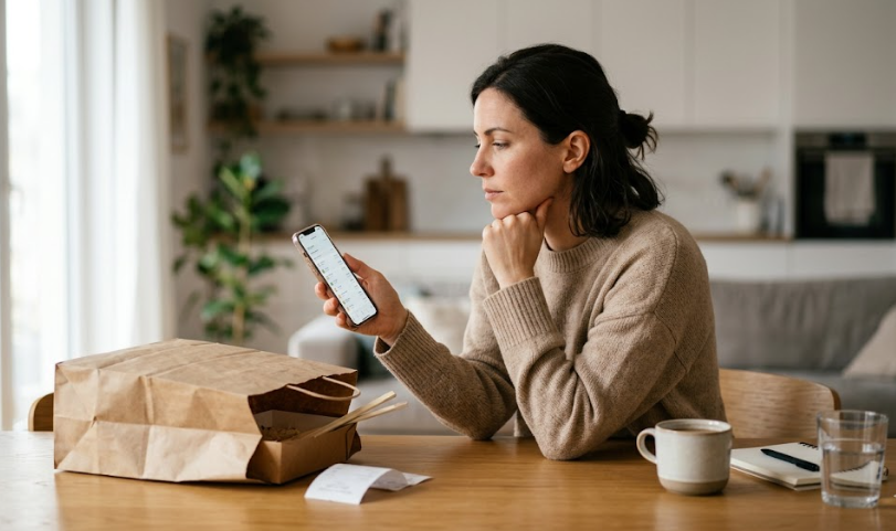 Person reviewing food delivery expenses on a smartphone with takeout containers and a receipt on the table