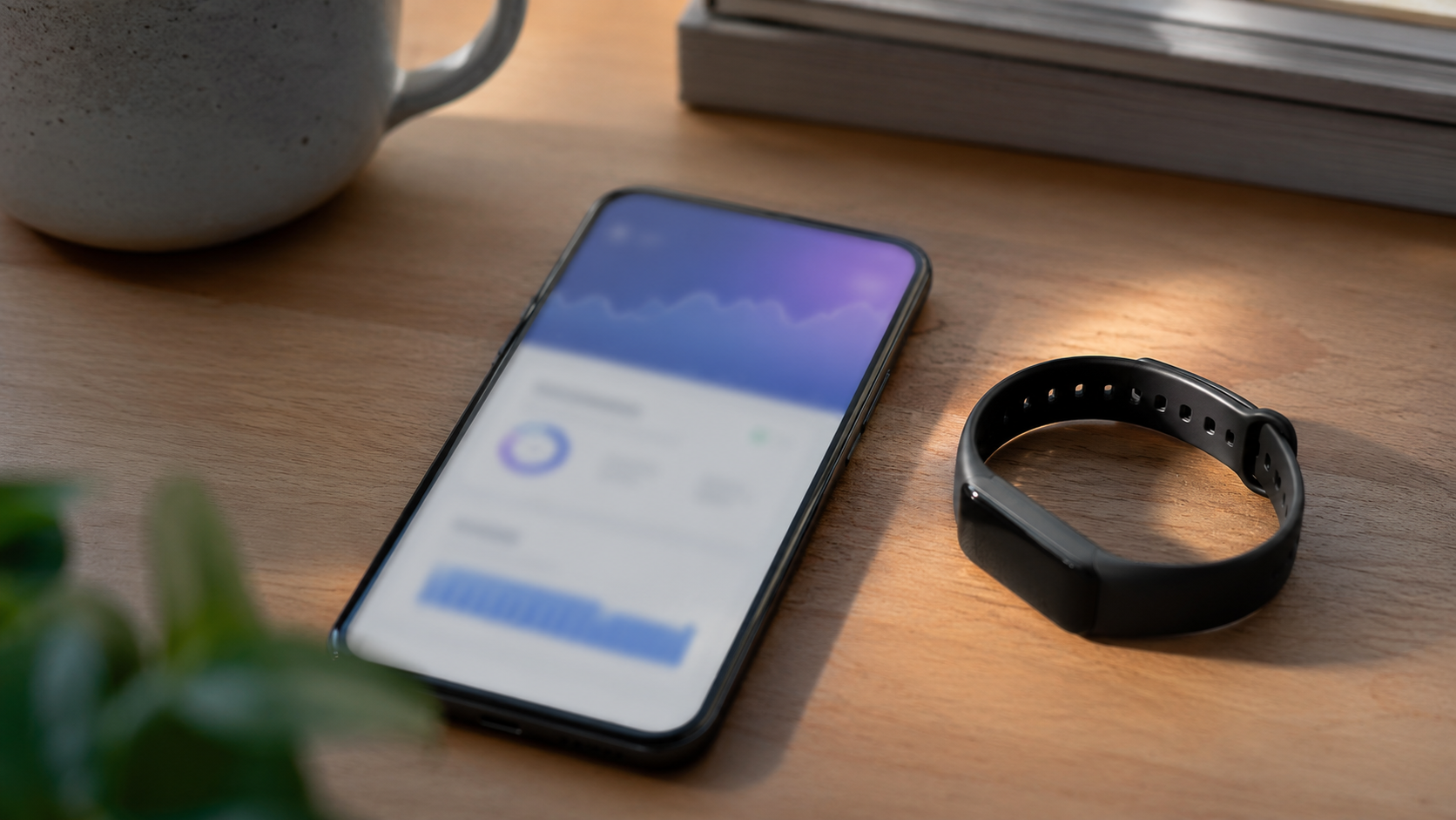 Smartphone and fitness tracker on a desk for a health subscription renewal decision