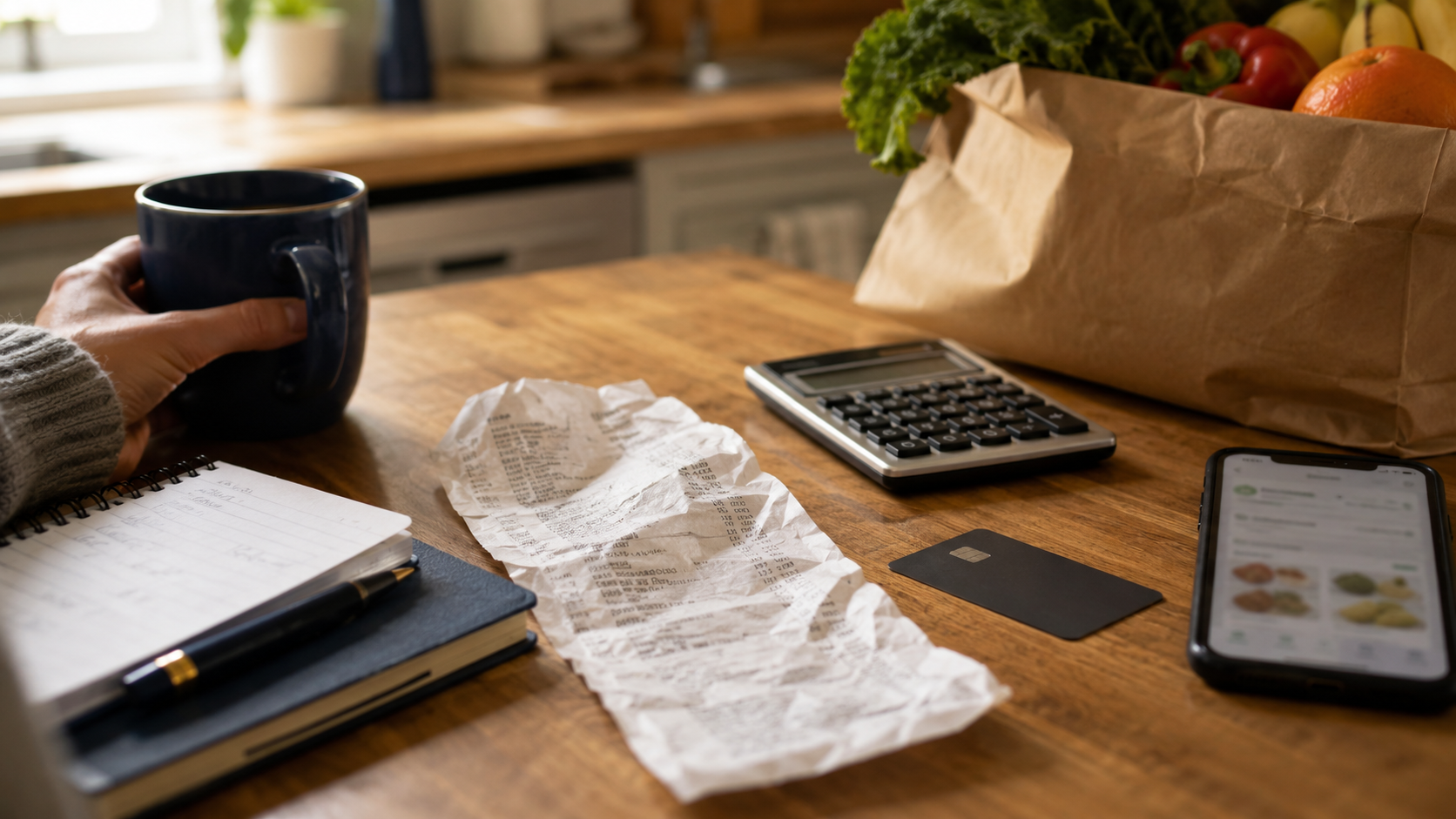 Grocery receipt, credit card, calculator, and produce bag on a kitchen counter while reviewing a delivery membership cost.