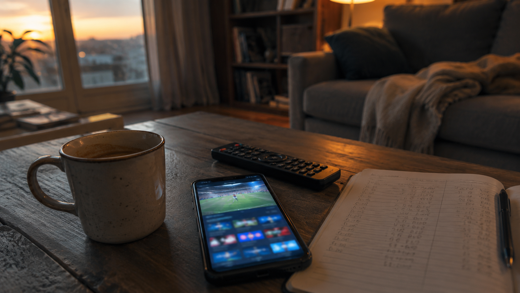 A smartphone with a blurred sports streaming app, a remote, a coffee mug, and an open notebook on a coffee table. NBA Playoffs 2026 streaming decision.
