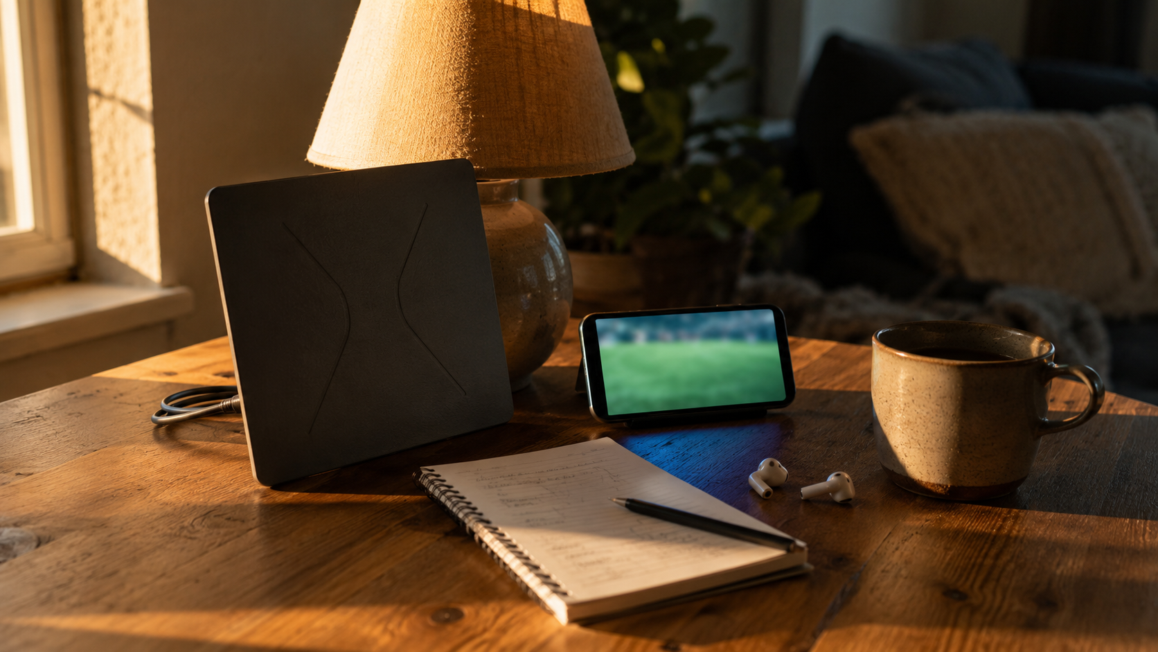 An indoor antenna, smartphone with a blurred soccer app, earbuds, and notebook on a wooden table. World Cup 2026 streaming decision.