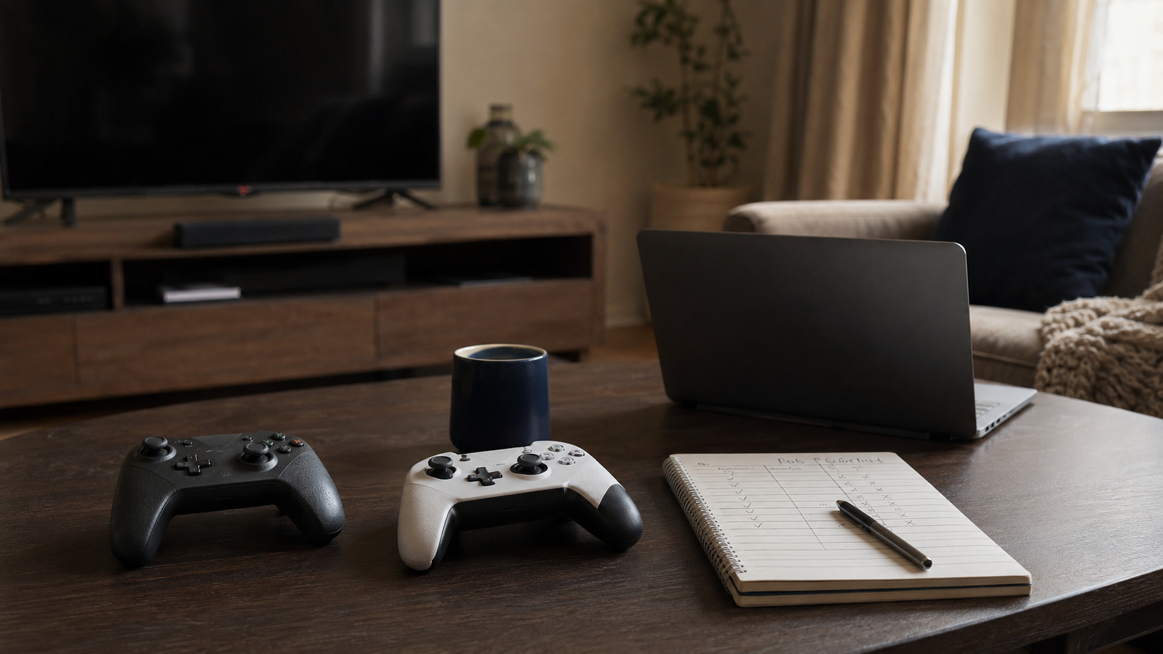 Gaming subscription comparison setup with two controllers, laptop, and notebook on a living room coffee table