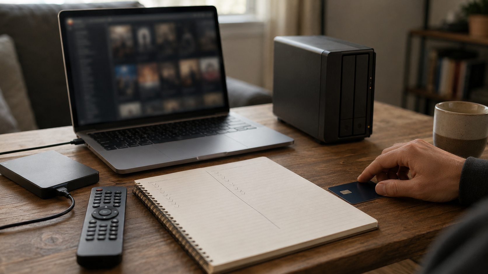 A person considering a credit card payment beside a laptop, remote, external drive, and home media setup, suggesting a decision about whether Plex Pass lifetime is worth buying before a price increase.