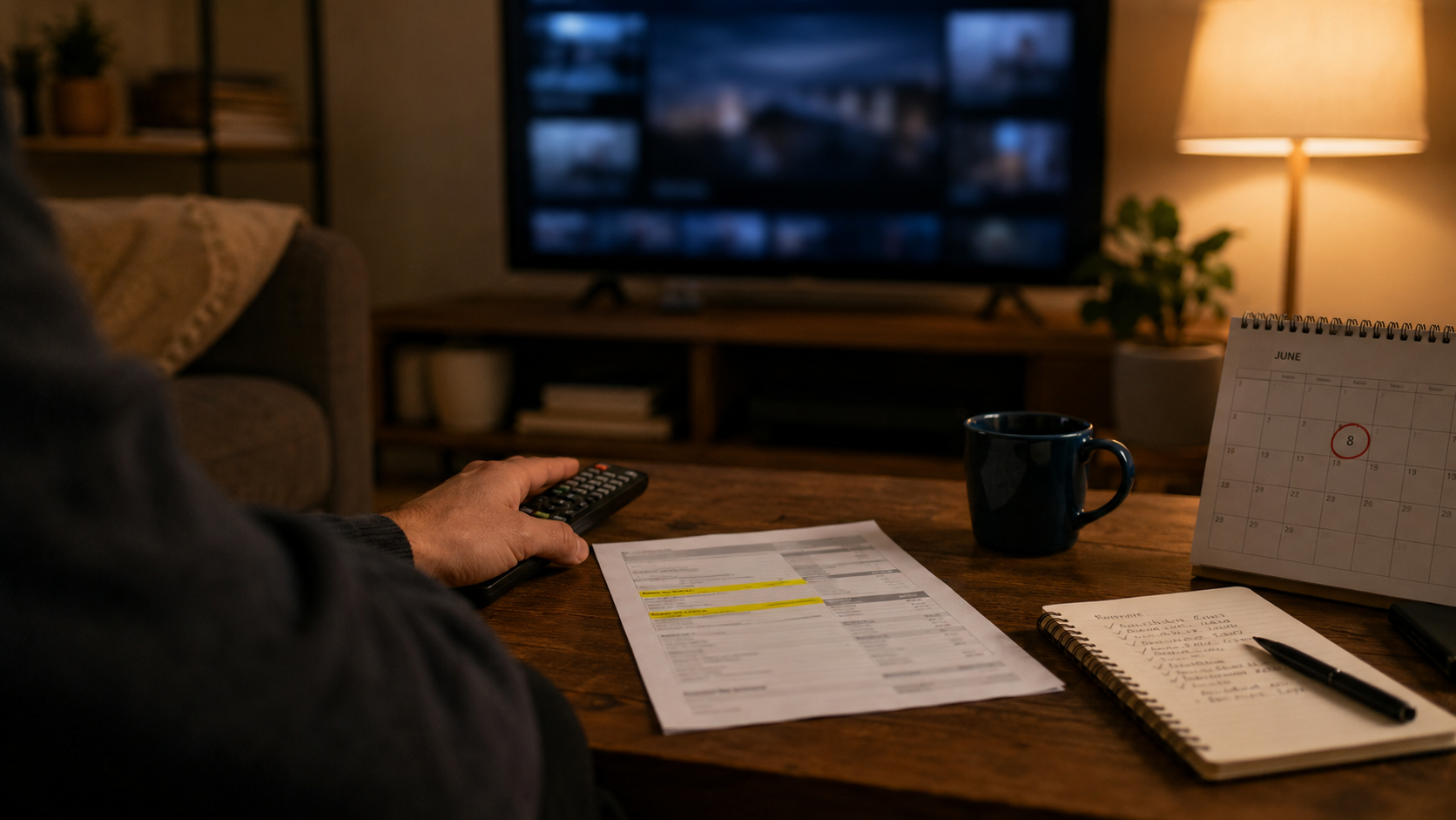 A hand pauses on a TV remote next to a credit card statement and a calendar marked June 8 while reviewing streaming subscriptions.