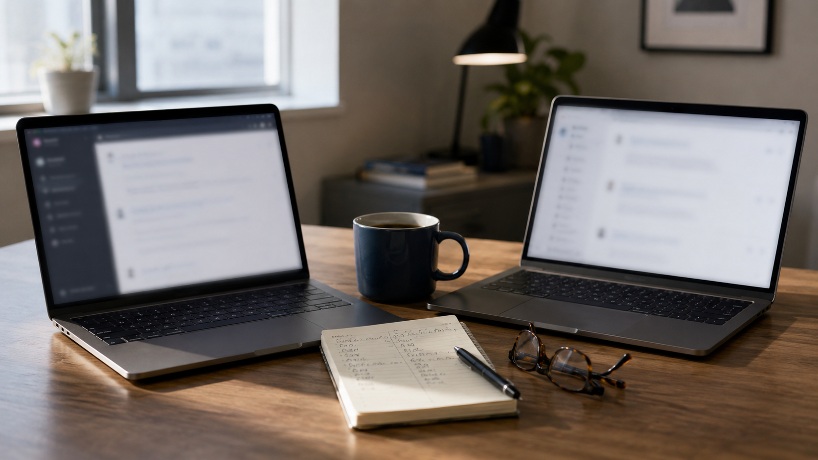 Two laptops face each other on a desk with a notebook in the middle, evoking a side-by-side comparison of two AI subscription services.