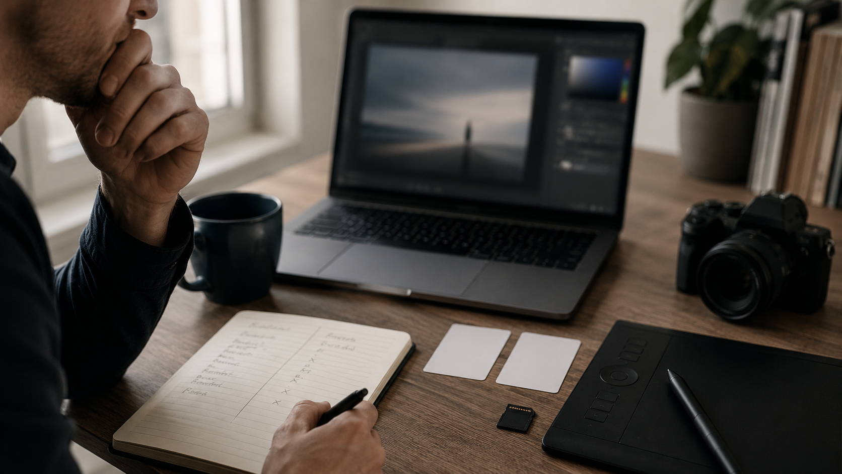A creative desk with a laptop, tablet, and notes showing someone comparing two software subscription plans before renewal.