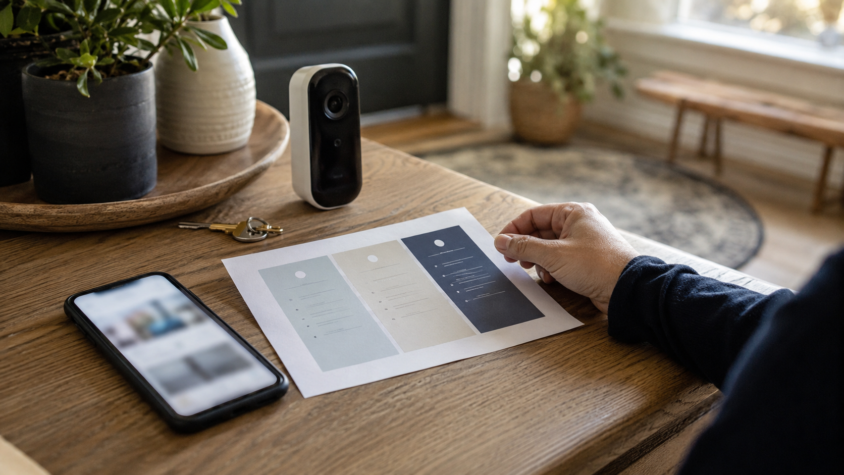 A person compares home security subscription plan cards beside a smartphone, house key, and unbranded doorbell camera.