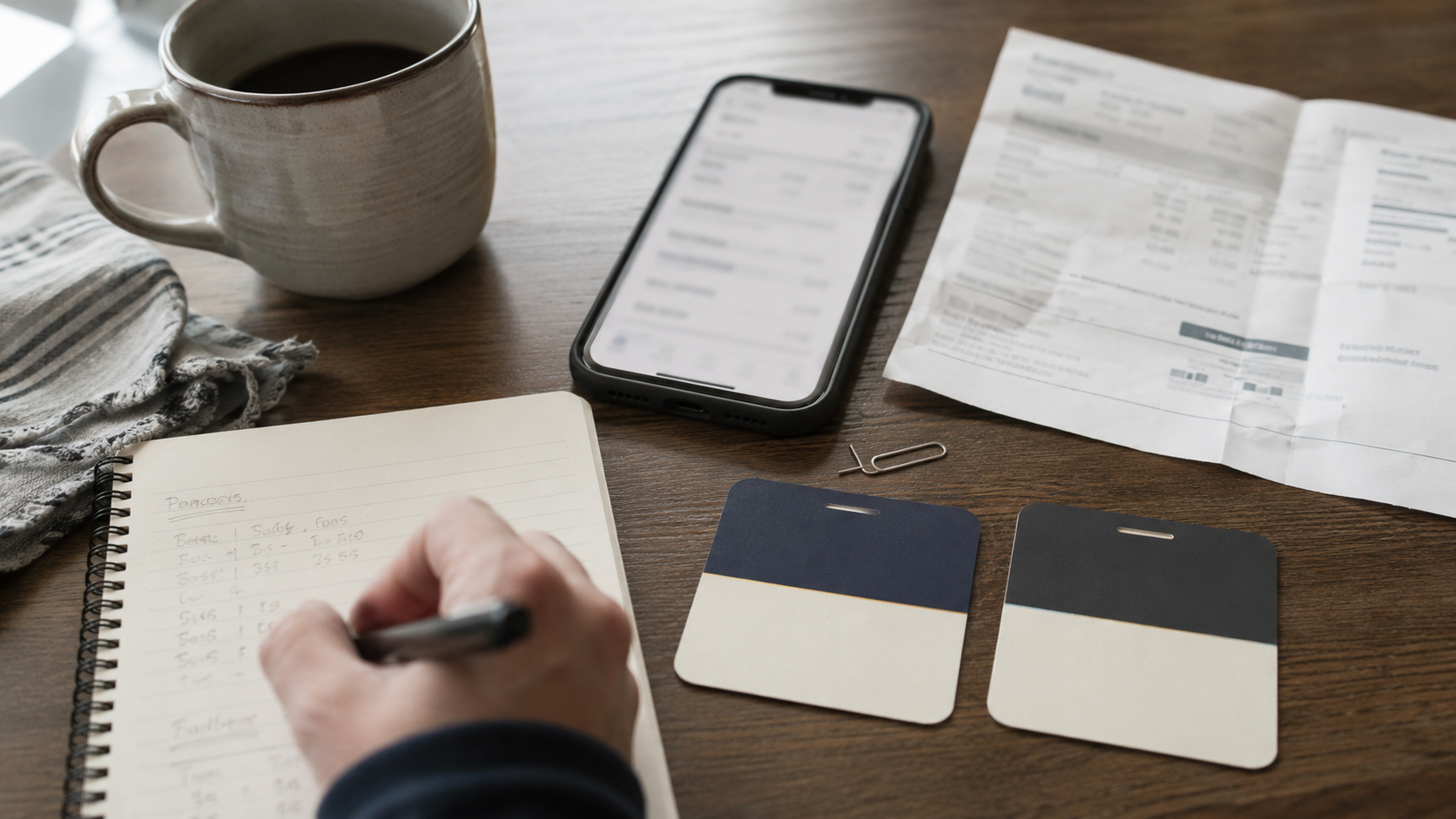 Person comparing a low-cost phone plan and an unlimited plan at a desk with a smartphone, wireless bill, SIM ejector tool, and handwritten usage notes