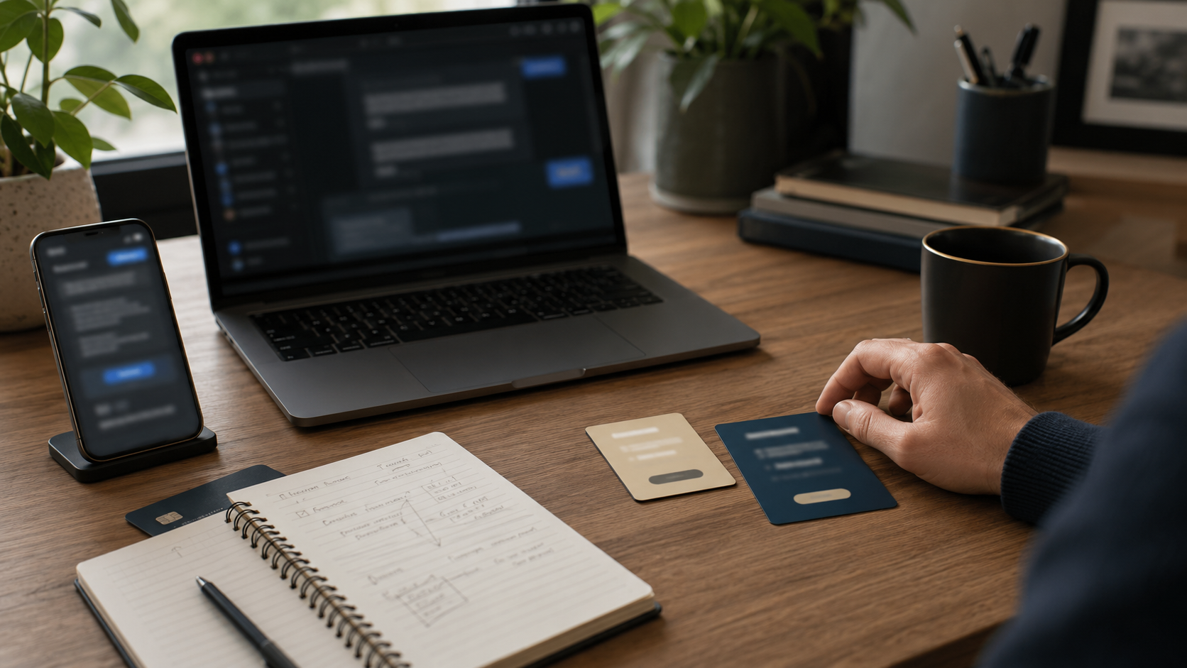 Person comparing a budget AI subscription and a premium AI plan at a desk with a laptop, smartphone, notebook, and credit card