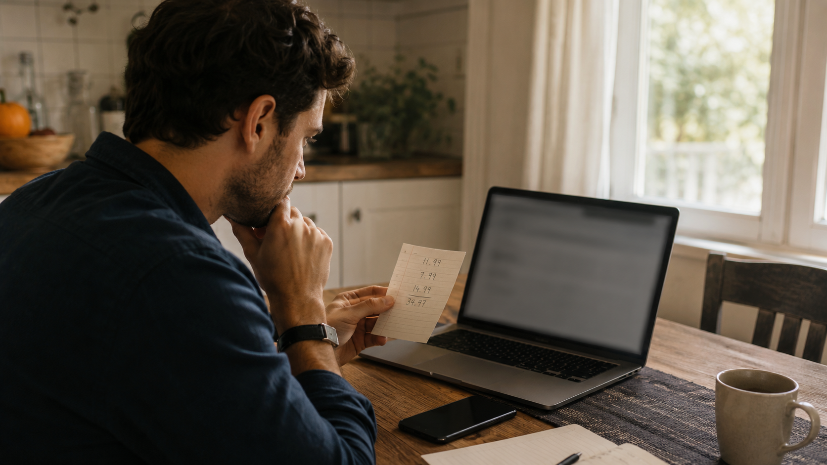 A person doing household math at a kitchen table with a laptop and a handwritten note, deciding between two streaming plans.