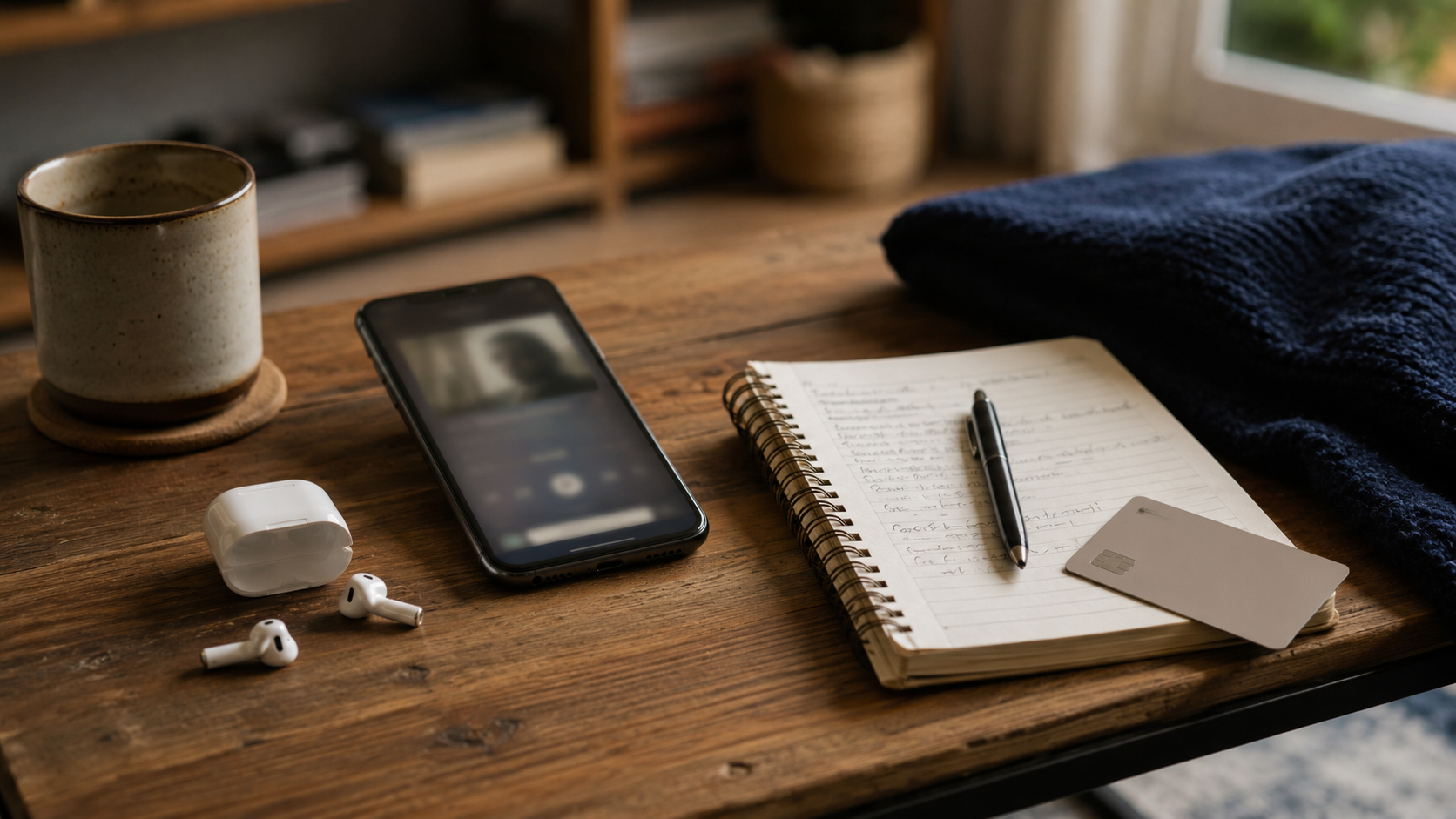 Earbuds, a smartphone audiobook screen, a notebook, and a credit card on a desk. Spotify Audiobooks vs Audible Standard decision.