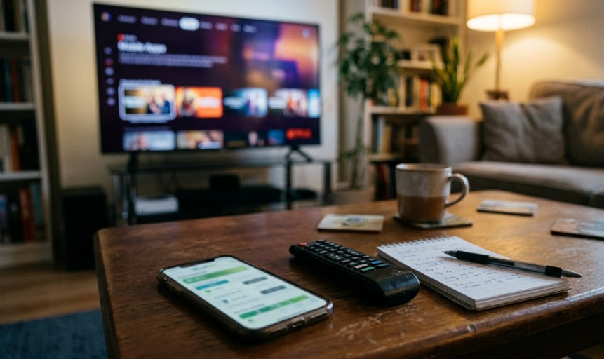 Smartphone and TV remote on a living room table for comparing streaming options through a phone plan