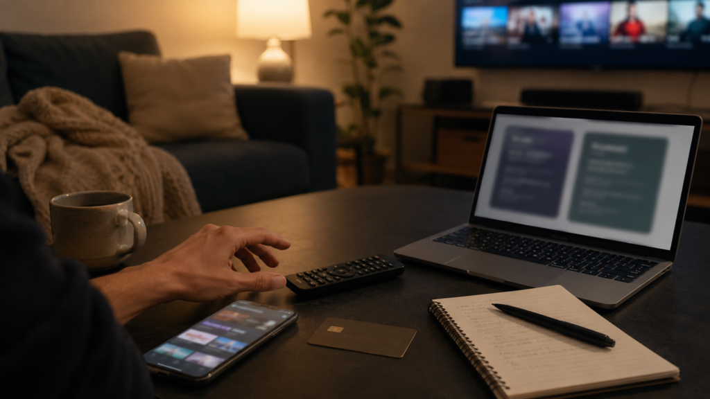 Person reviewing two streaming subscriptions in a living room, with a remote, phone, card, laptop, and notebook on a coffee table.